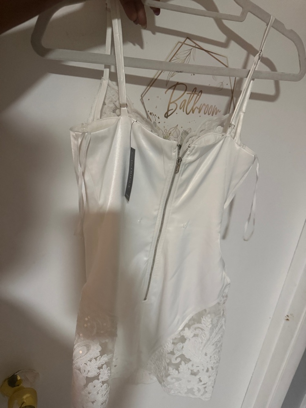 White Lace-Trim Mini Dress with Front Zip and Spaghetti Straps